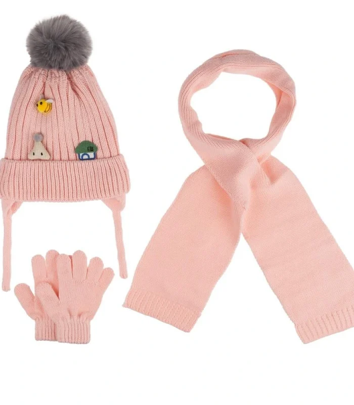 Kitti Bebe Kız Atkı Bere Eldiven Takım (1-4 Yaş) K24160-03 Soft Pembe