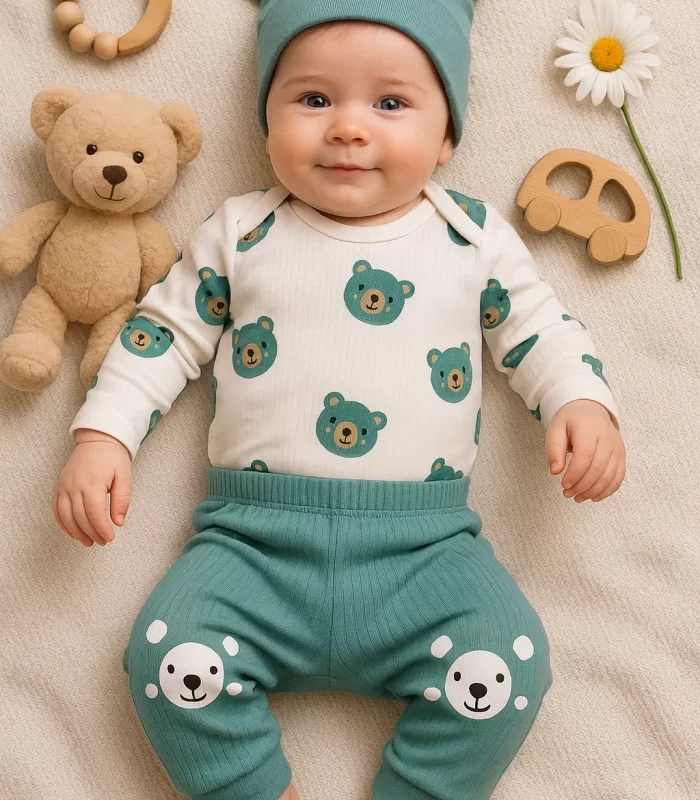 Kulaklı Ayıcık % 100 Pamuk 3lü Erkek Bebek Takım