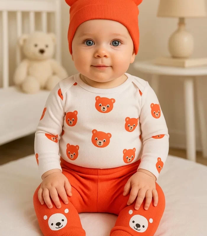 Kulaklı Ayıcık % 100 Pamuk 3lü Erkek Bebek Takım