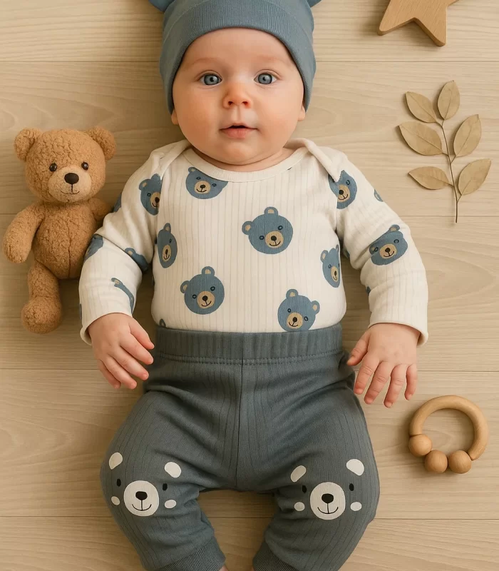 Kulaklı Ayıcık % 100 Pamuk 3lü Erkek Bebek Takım