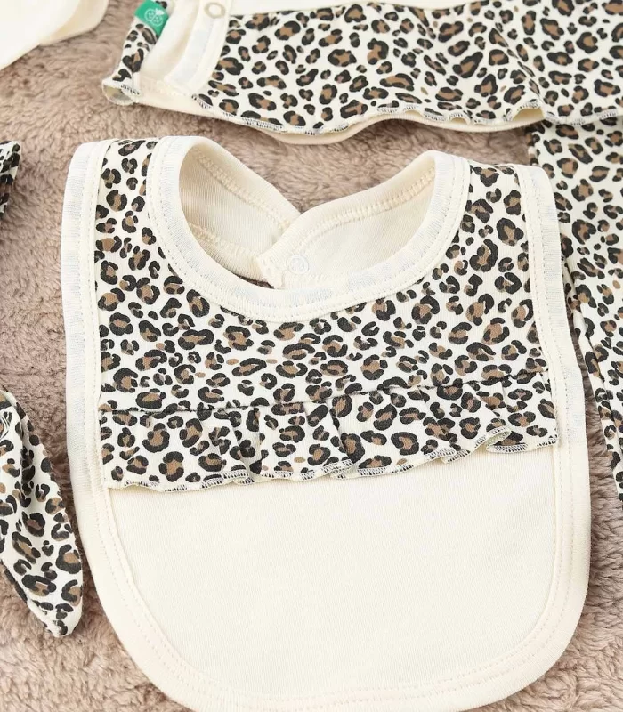 Leopar Desen 5 Parça Hastane Çıkışı Seti Kahverengi