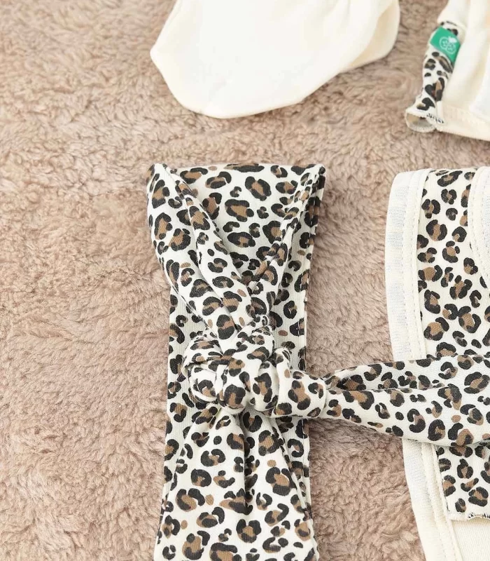 Leopar Desen 5 Parça Hastane Çıkışı Seti Kahverengi
