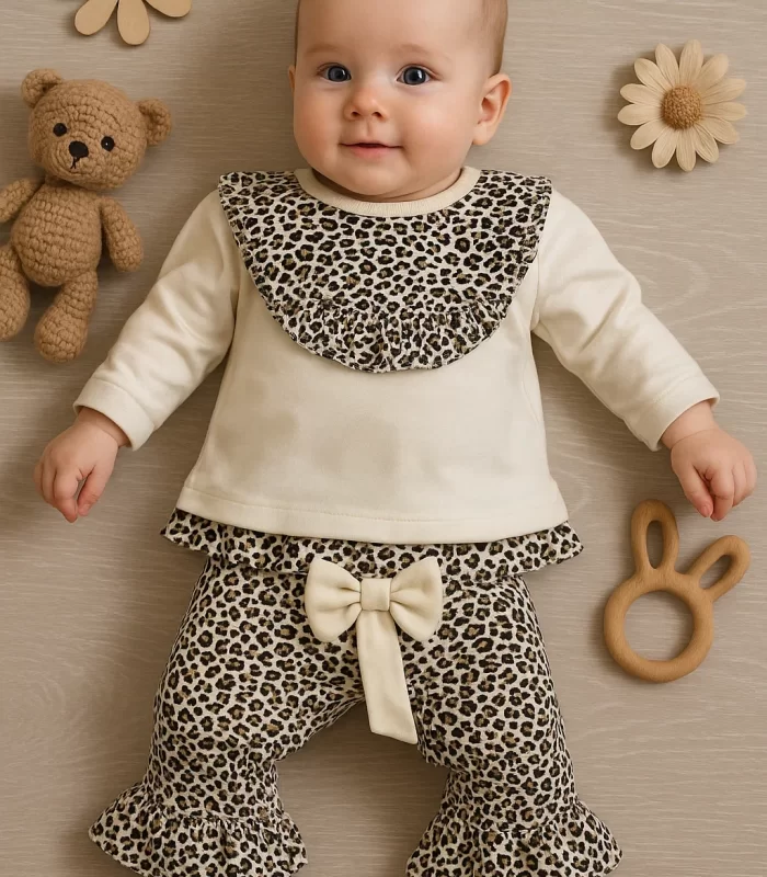 Leopar Detaylı 2li Kız Bebek Takım %100 Pamuk