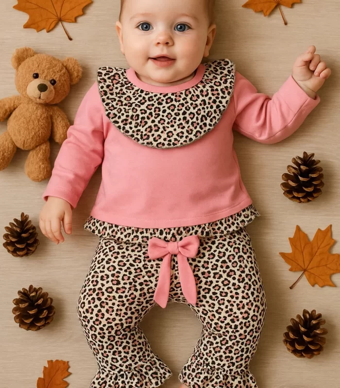 Leopar Detaylı 2li Kız Bebek Takım %100 Pamuk