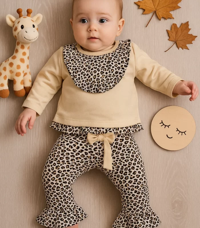 Leopar Detaylı 2li Kız Bebek Takım %100 Pamuk