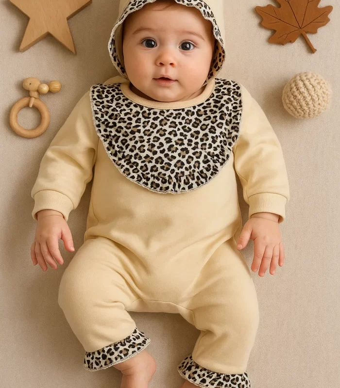 Leopar Detaylı Şapkalı Tulum %100 Pamuk