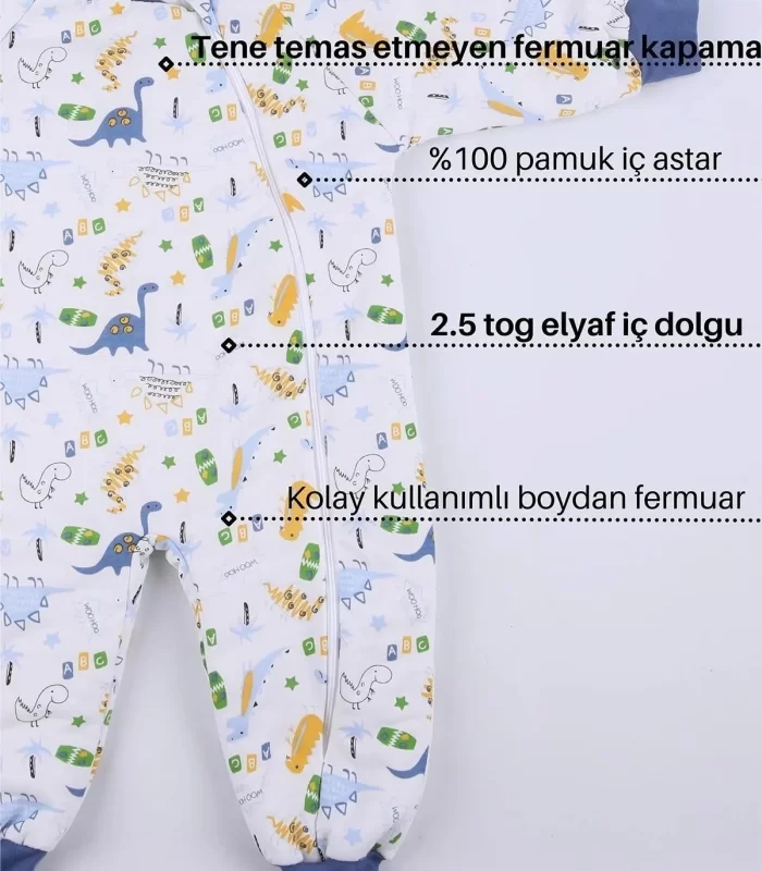 Mavi Dinozor Desenli Çocuk Uyku Tulumu Mavi