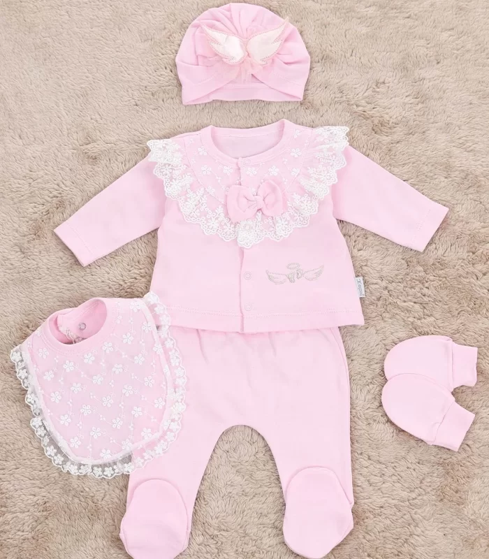 Melek Kanatlı 5li Kız Bebek Hastane Çıkış Seti Pembe