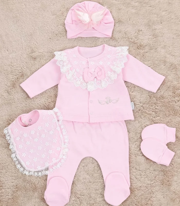Melek Kanatlı 5li Kız Bebek Hastane Çıkış Seti Pembe