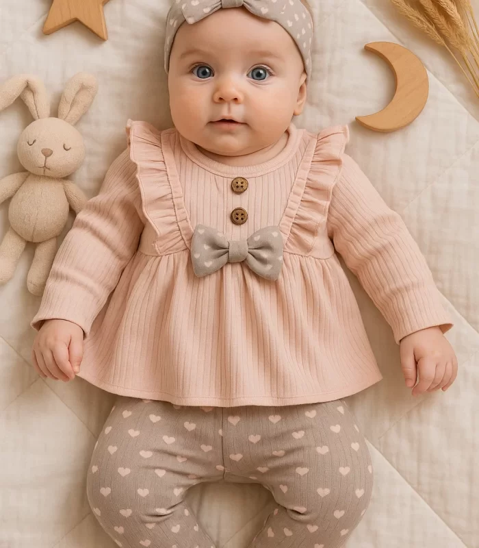 Minik Kalpli Fırfırlı Bandanalı 3lü Kız Bebek Takımı