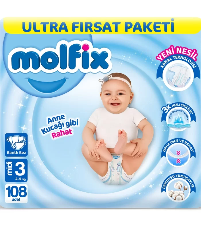 Molfix Bebek Bezi Ultra Fırsat Paketi 3 Beden 4-9 Kg 108 Adet