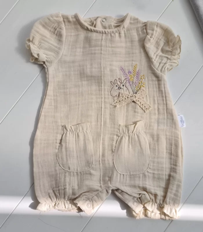 Müslin Kumaş Çiçek Nakışlı Pamuklu Kız Bebek Tulum