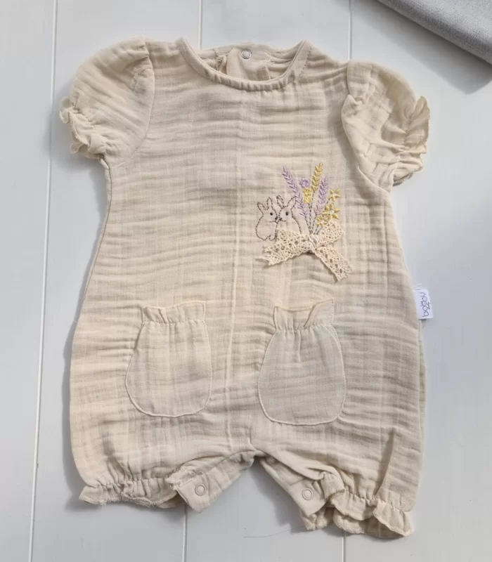 Müslin Kumaş Çiçek Nakışlı Pamuklu Kız Bebek Tulum