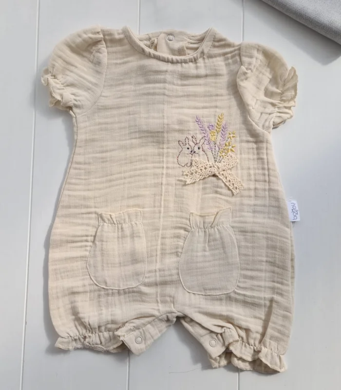 Müslin Kumaş Çiçek Nakışlı Pamuklu Kız Bebek Tulum