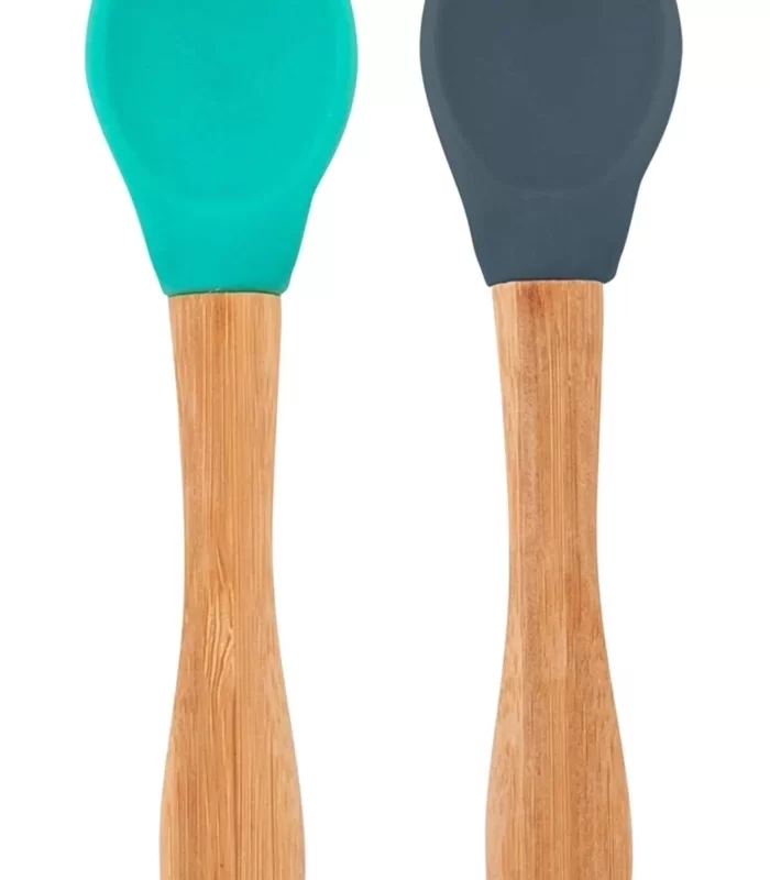 OiOi Bambu Saplı Silikon Mama Kaşığı 2li Aqua Green / Deep Blue