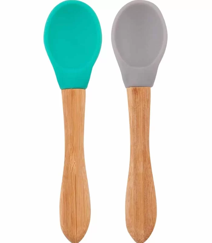 OiOi Bambu Saplı Silikon Mama Kaşığı 2li Aqua Green / Powder Grey