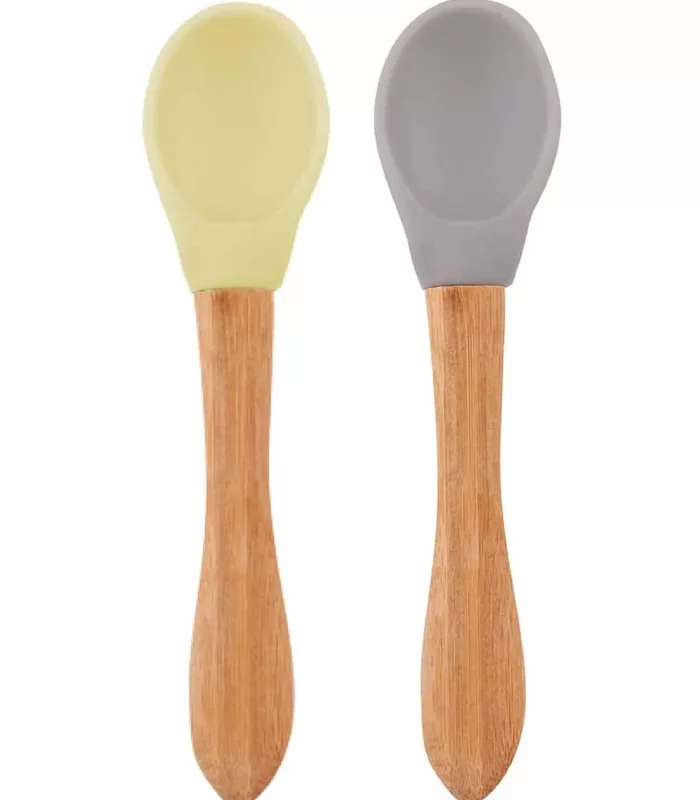 OiOi Bambu Saplı Silikon Mama Kaşığı 2li Mellow Yellow / Powder Grey