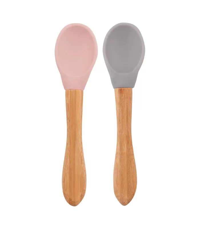 OiOi Bambu Saplı Silikon Mama Kaşığı 2li Pinky Pink / Powder Grey