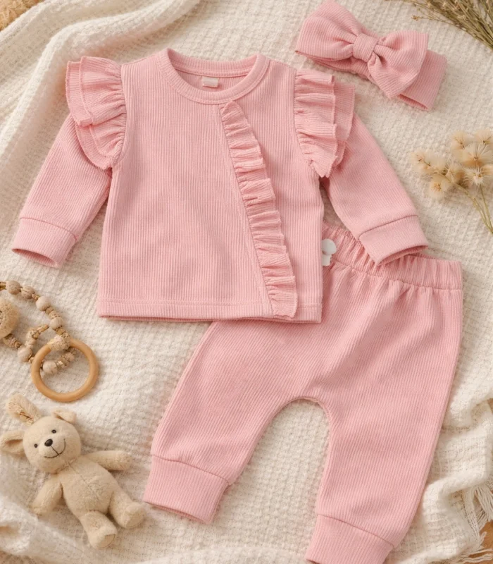 Pembe Fırfırlı 3’lü Kız Bebek Takımı
