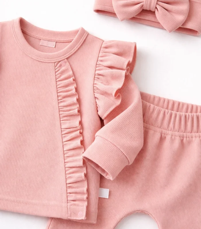 Pembe Fırfırlı 3’lü Kız Bebek Takımı