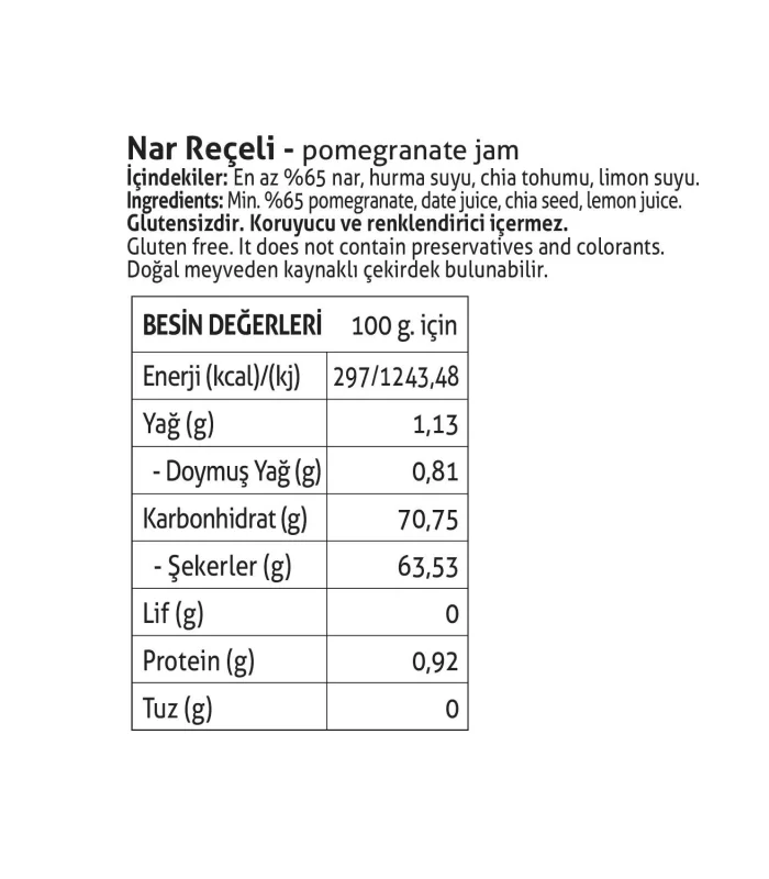 Pol’s Gurme Chia Tohumlu Şekersiz Nar Reçeli 380 Gr