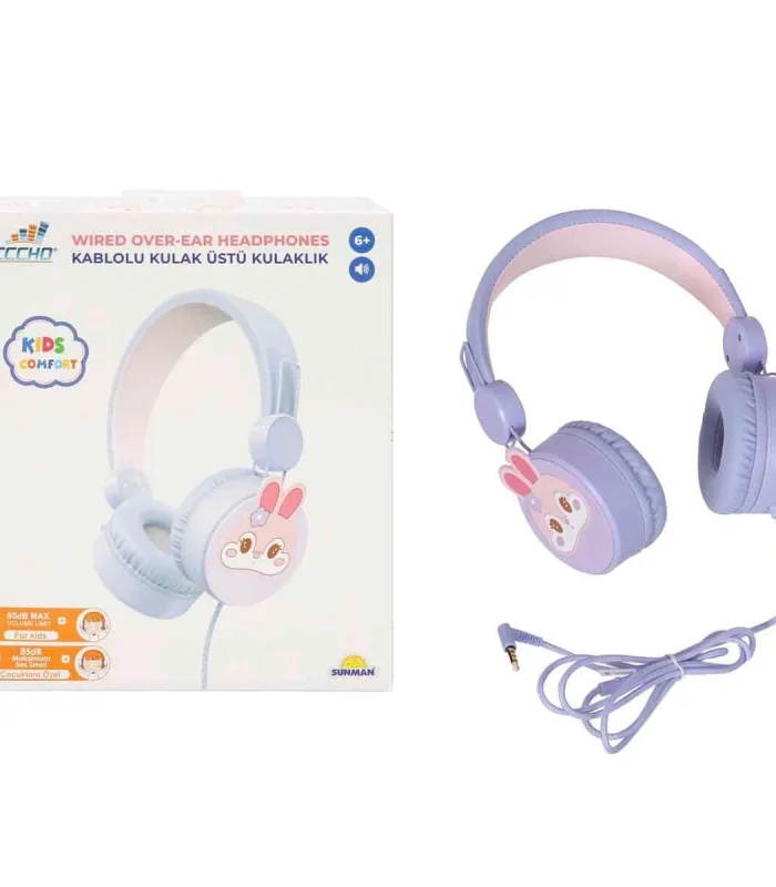 S0000007 -SUN-GLE-ECH-KULAKLIK MİKROFONLU KABLOLU TAVŞAN RESİMLİ LİLA