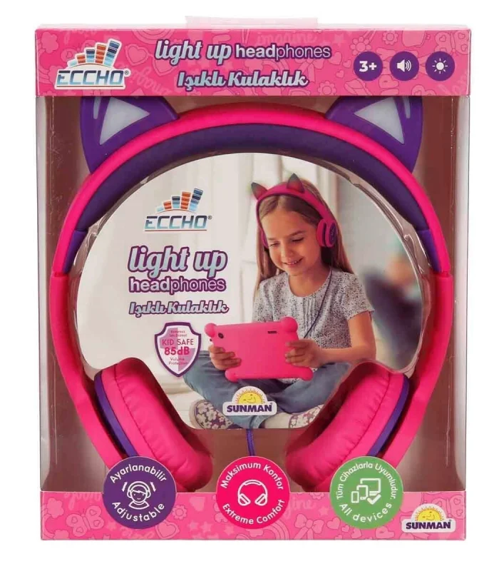 S00091067 -SUN-GLE-ECH-KULAKLIK KABLOLU KEDİ ŞKL.IŞIKLI PEMBE-MOR