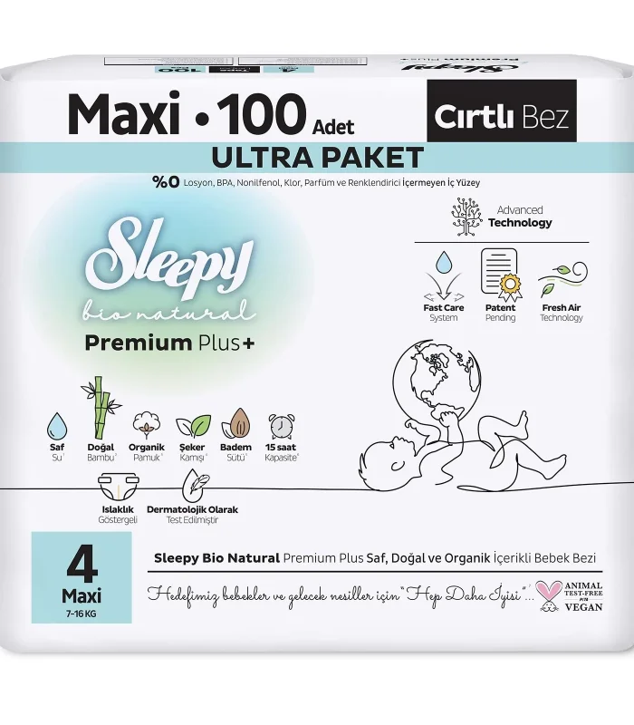 Sleepy Bio Natural Bebek Bezi Ultra Paket 4 Beden 100 Adet