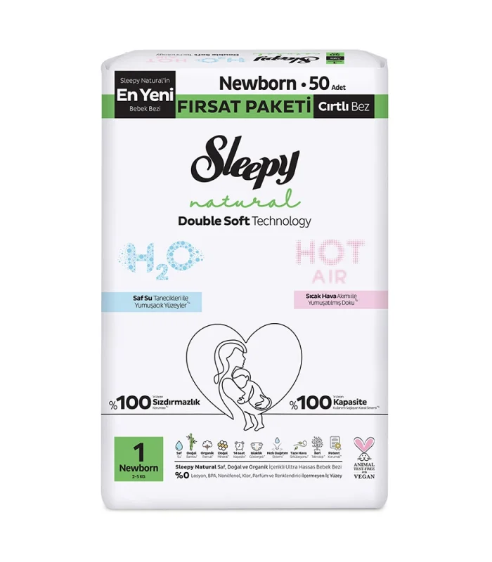 Sleepy Natural Double Soft Bebek Bezi Fırsat Paketi 1 Beden 50 Adet