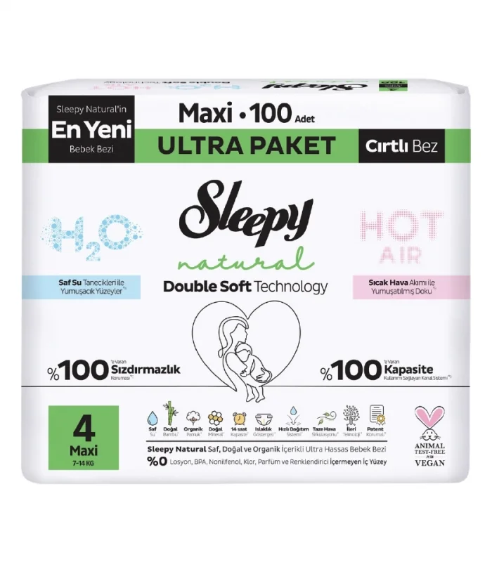 Sleepy Natural Double Soft Bebek Bezi Ultra Paket 4 Beden 100 Adet