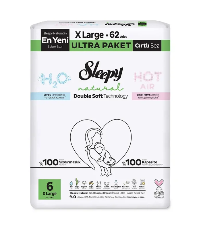 Sleepy Natural Double Soft Bebek Bezi Ultra Paket 6 Beden 62 Adet
