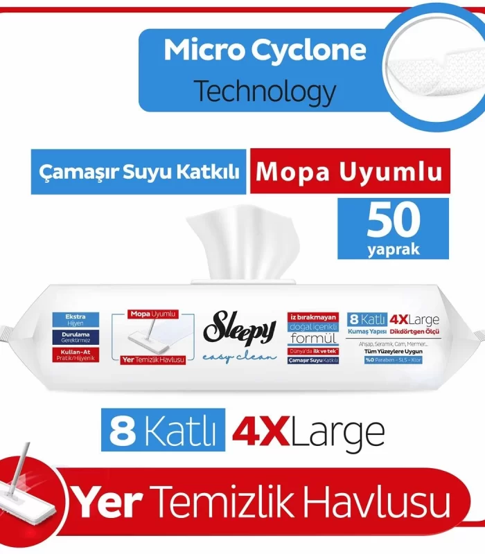 Sleepy Yer Temizlik Havlusu Mop Uyumlu 50 Adet Çamaşır Suyu