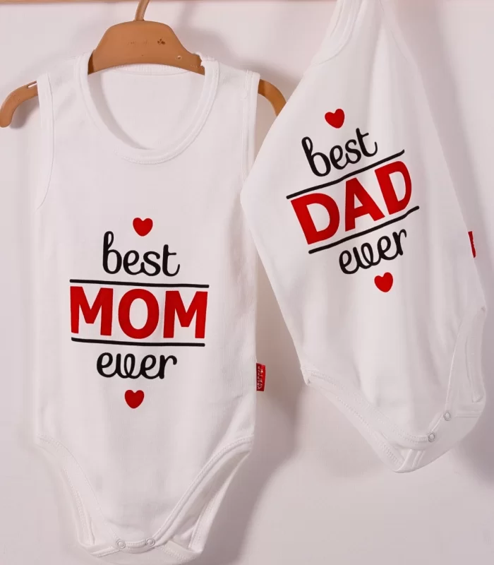 Yeni Doğan 3-12 Ay Best Mom ve Dad Askılı Unisex Body Beyaz