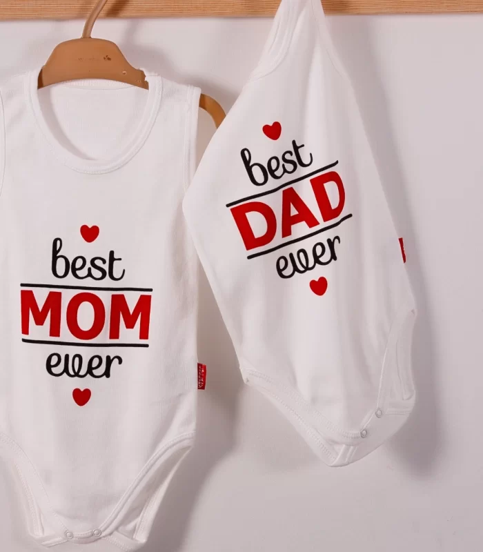 Yeni Doğan 3-12 Ay Best Mom ve Dad Askılı Unisex Body Beyaz
