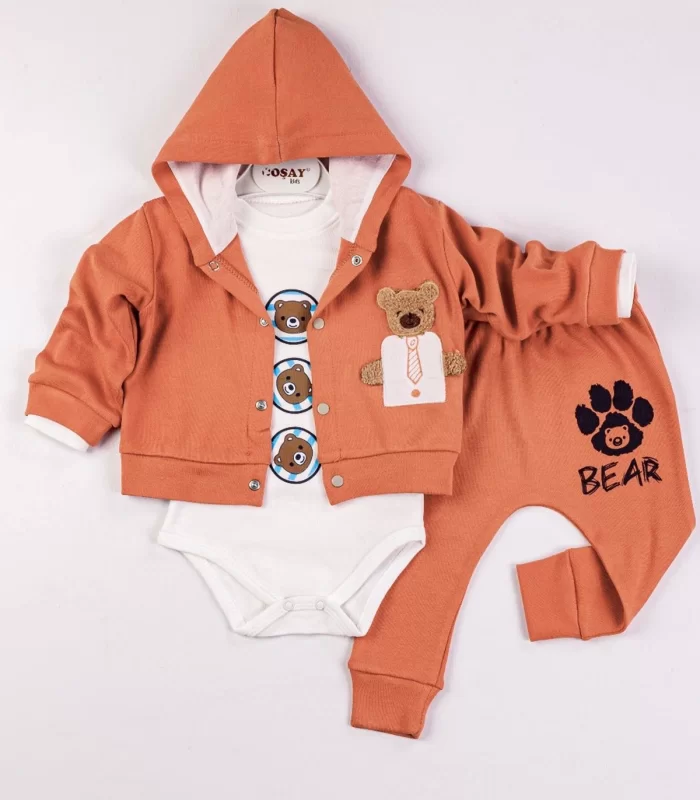 Yeni Doğan 3-6 Ay Erkek Bebek Takımı Bear Kapişonlu Turuncu