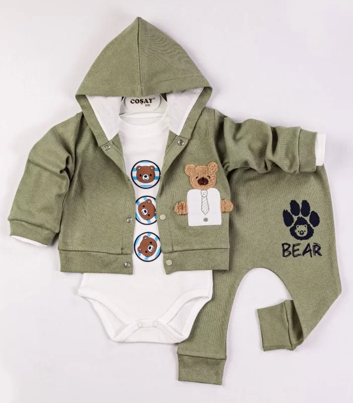 Yeni Doğan 3-6 Ay Erkek Bebek Takımı Bear Nakışlı Kapişonlu Haki