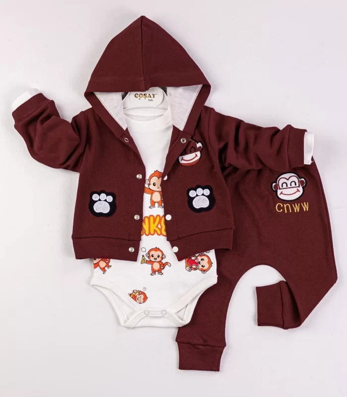 Yeni Doğan 3-6 Ay Erkek Bebek Takımı Monkey Kapişonlu Bordo