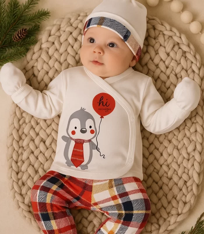 Yeni Doğan Ekose Penguen Fularlı 5li Erkek Bebek Takımı Kırmızı