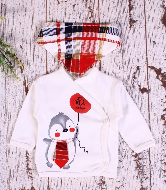 Yeni Doğan Ekose Penguen Fularlı 5li Erkek Bebek Takımı Kırmızı