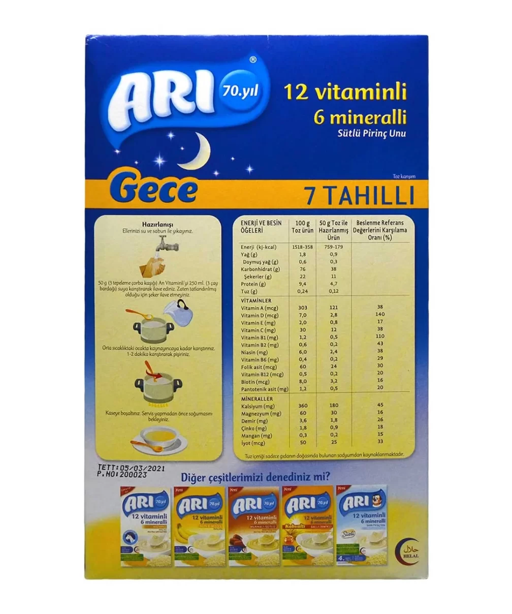 Arı 12 Vitaminli 6 Mineralli 7 Tahıllı Sütlü Pirinç Unu Gece 500 Gr