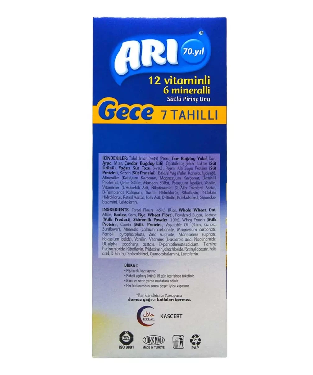 Arı 12 Vitaminli 6 Mineralli 7 Tahıllı Sütlü Pirinç Unu Gece 500 Gr