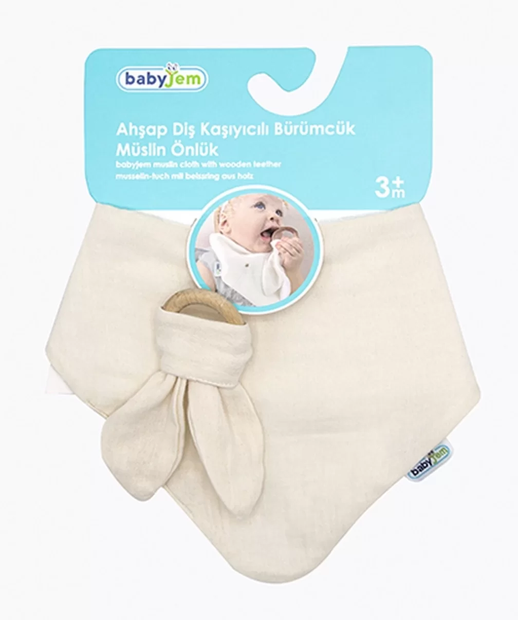 BabyJem Ahşap Diş Kaşıyıcılı Bürümcük Müslin Önlük 736 Ekru