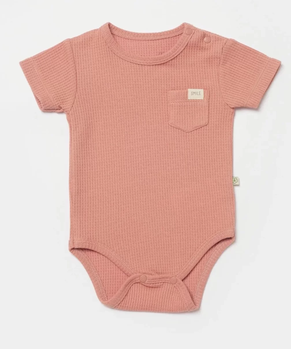 Bibaby Biorganic Waffle Smile Kısa Kol Bebek Body 56987 Red-Brown