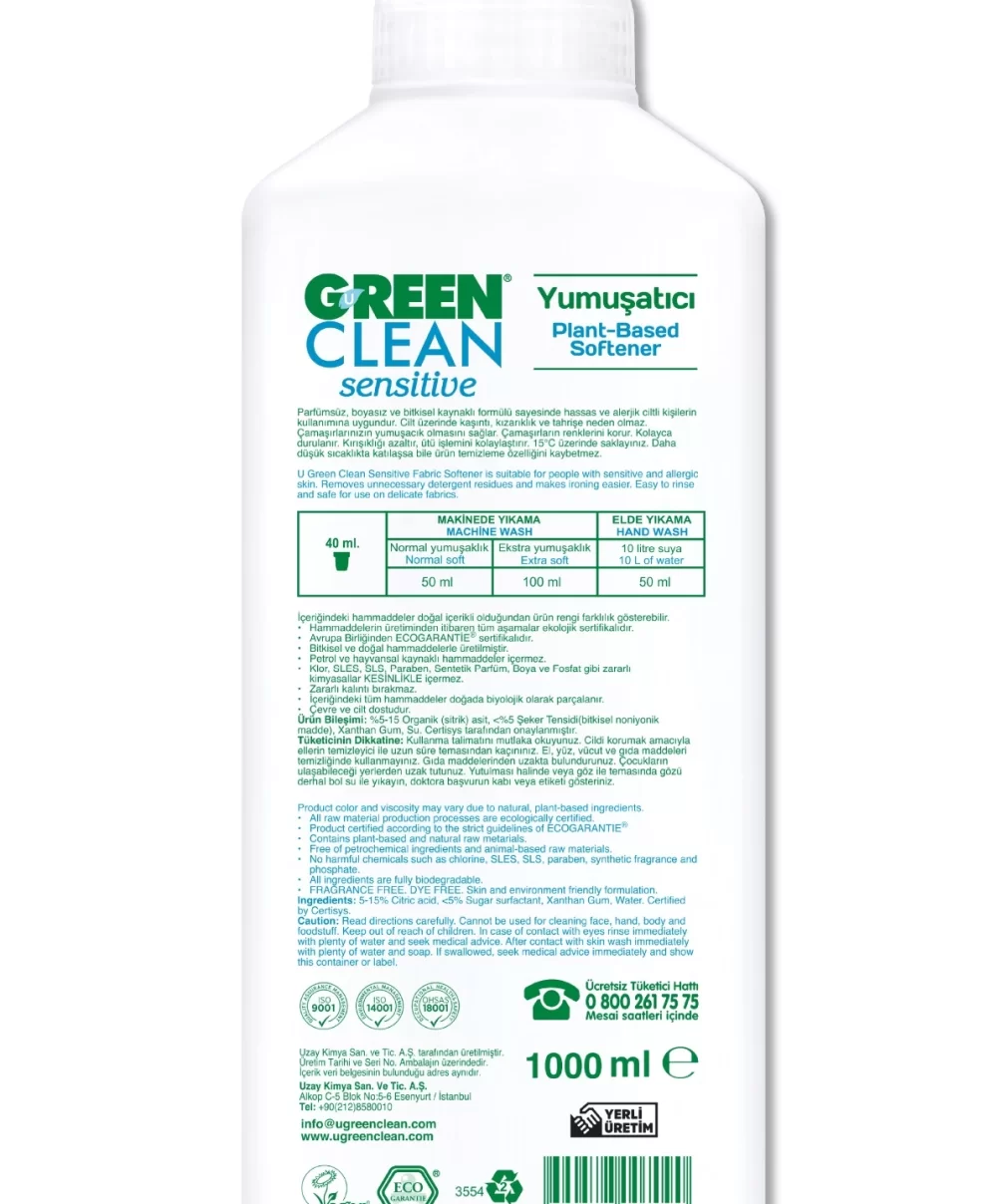 Green Clean Sensitive Parfümsüz Bitkisel Yumuşatıcı 1000ml