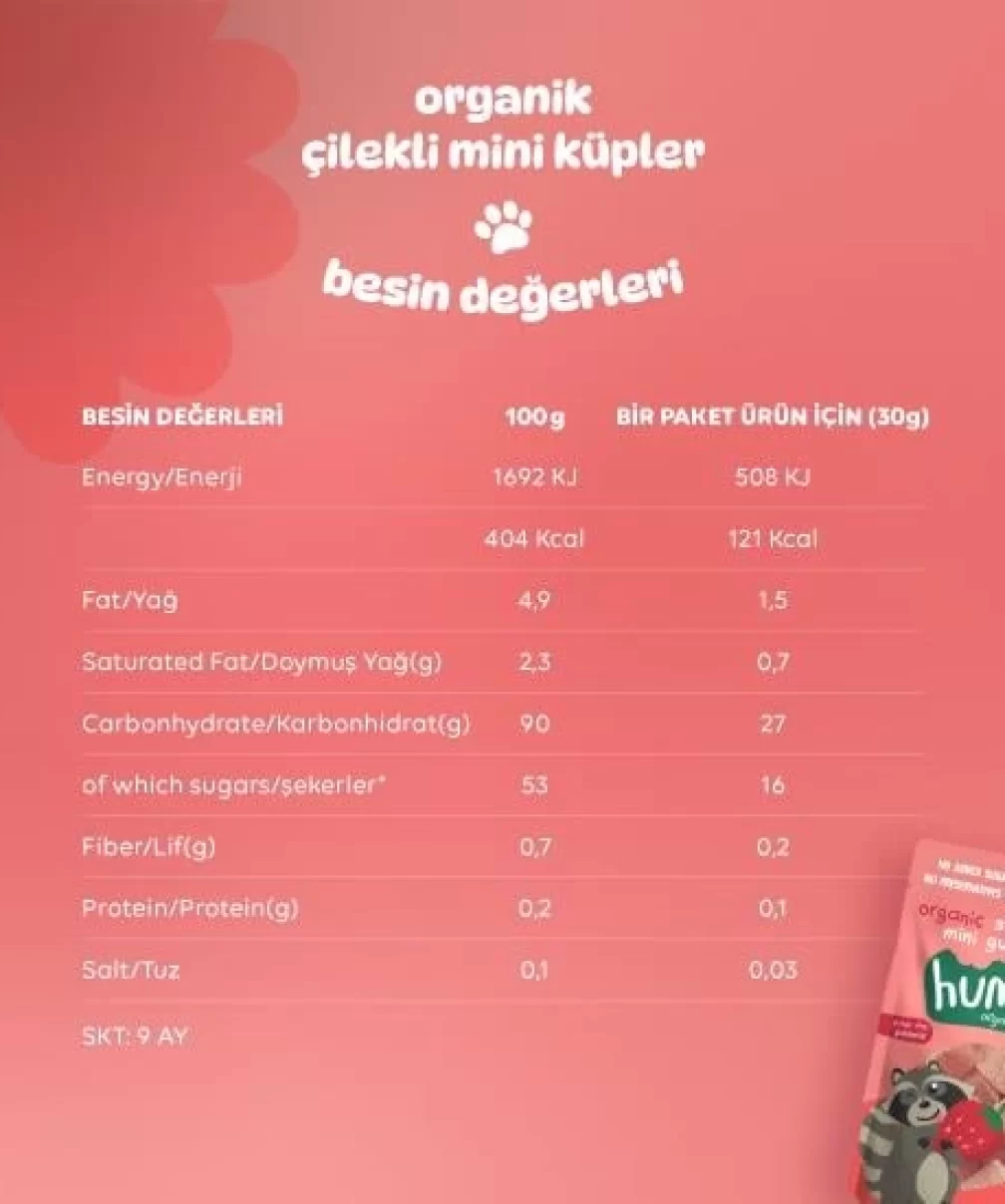 Humm Organik Çilekli Glutensiz Vegan Mini Küpler 30 Gr