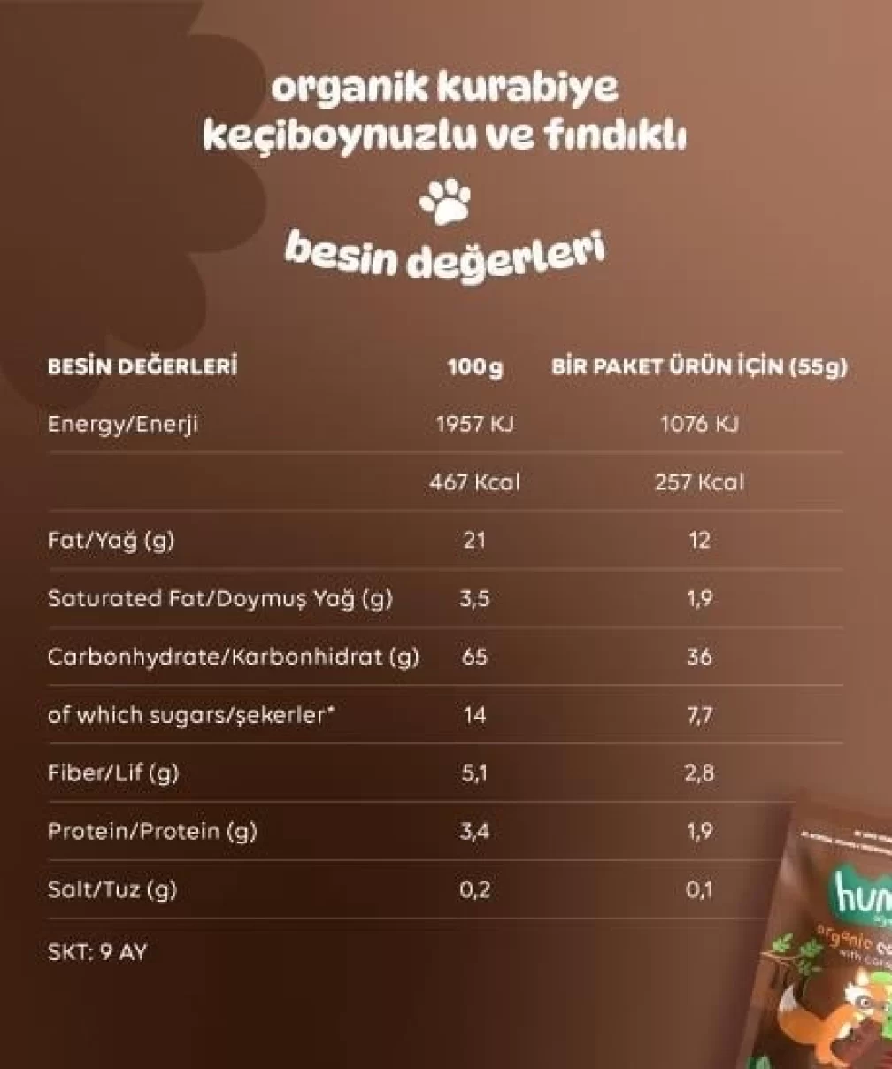 Humm Organik Keçiboynuzlu ve Fındıklı Vegan Kurabiye 55 Gr