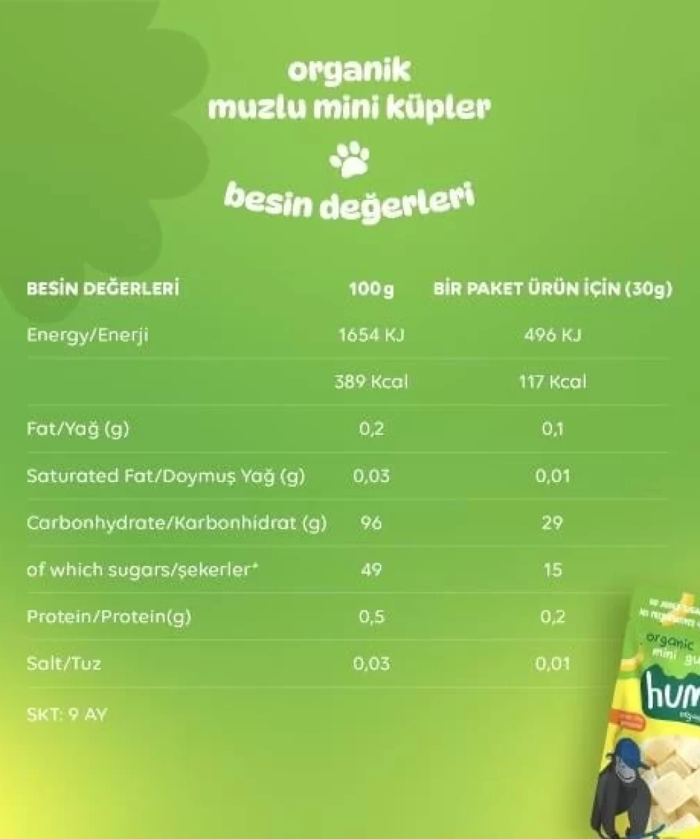 Humm Organik Muzlu Glutensiz Vegan Mini Küpler 30 Gr