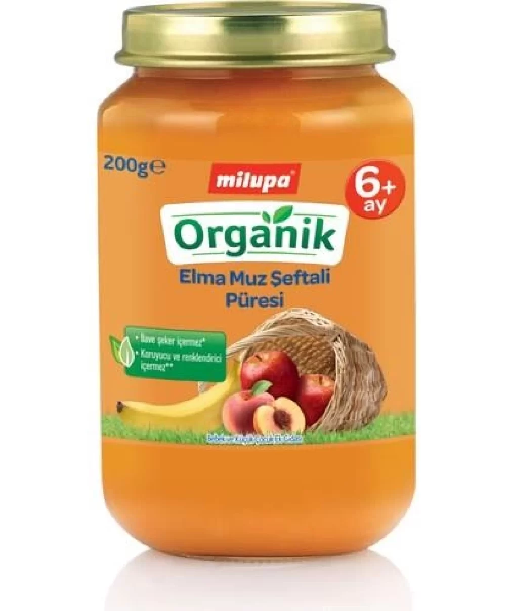 Milupa Organik Elma Muz Şeftali Püresi Kavanoz Maması 200 Gr