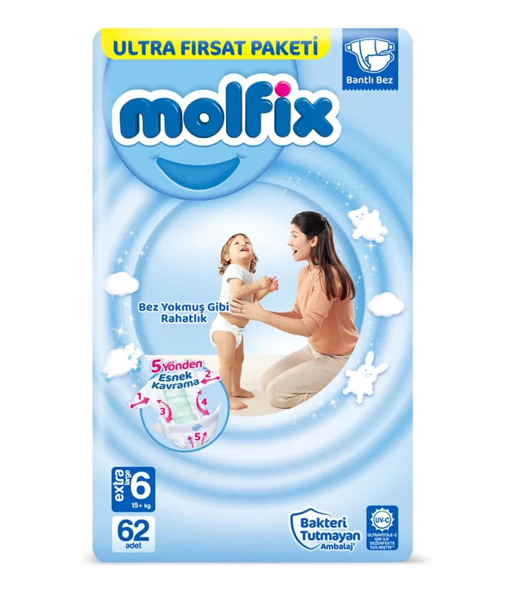 Molfix Bebek Bezi Ultra Fırsat Paketi 6 Beden 15+ Kg 62 Adet