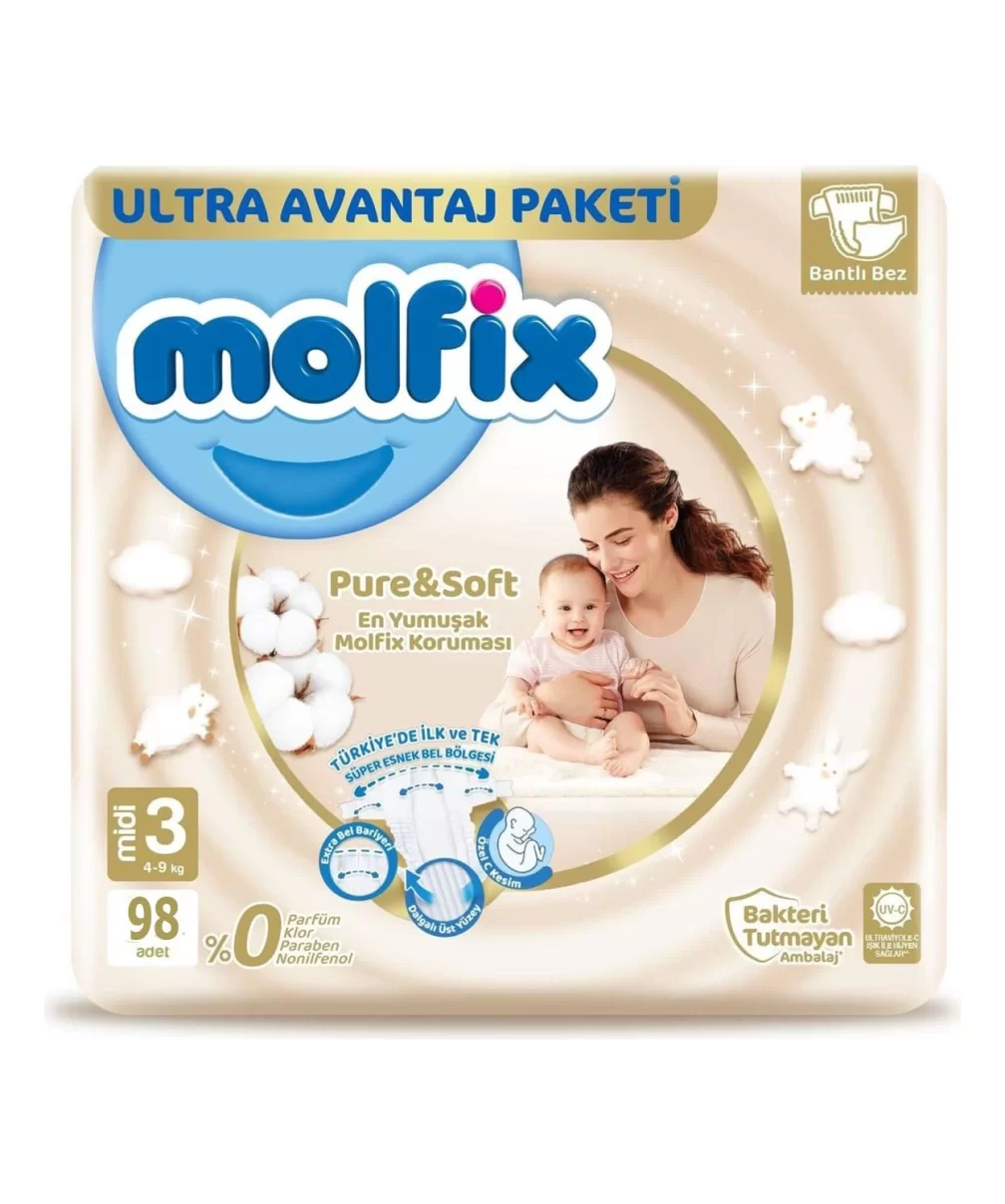 Molfix Pure&Soft Bebek Bezi Ultra Avantaj Paketi 3 Beden 4-9 Kg 98 Adet